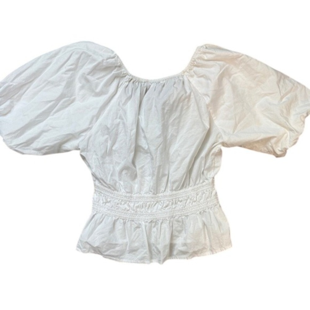 LOFT White Puff Sleeve Smocked Peplum Top S Boho Coquette Cottagecore Milkmaid - Picture 4 of 9